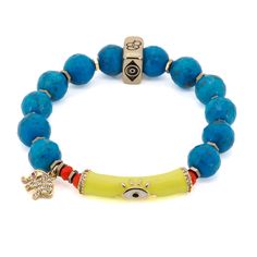 The Evil Eye & Elephant Turquoise Stone Beaded Bracelet is a one-of-a-kind piece of handmade jewelry that combines natural turquoise stones with powerful symbols of protection. The bracelet features a turquoise stone, an elephant, an evil eye, and a hamsa symbol. The turquoise stone is known for its healing properties and is believed to promote inner peace and calmness. The evil eye tube bead is a symbol of protection against the "evil eye" and negative energies. The 18k gold-plated elephant cha Adjustable Turquoise Evil Eye Bracelet With Round Beads, Bohemian Turquoise Beaded Bracelets With Evil Eye, Adjustable Turquoise Beaded Evil Eye Bracelet, Adjustable Beaded Turquoise Evil Eye Bracelet, Spiritual Turquoise Beaded Bracelets With Evil Eye, Handmade Turquoise Bohemian Evil Eye Bracelet, Turquoise Bracelets With Evil Eye Round Beads, Spiritual Turquoise Evil Eye Beaded Bracelets, Spiritual Turquoise Evil Eye Bracelet With Round Beads