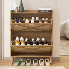 a wooden shoe rack filled with pairs of shoes