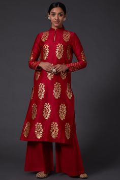 Balance By Rohit Bal-Red & Gold Block Printed Kurta With Palazzo-INDIASPOPUP.COM Block Printed Kurta, Kurta And Palazzo, Kurta With Palazzo, Red Kurta, Rohit Bal, Trendy Blouses, Trendy Blouse Designs, Pants Fit, Indian Fashion Designers