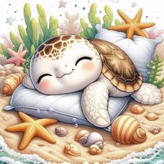 a painting of a turtle sleeping on a pillow with sea shells and starfish around it