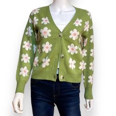 Willow & Wind Daisy Cropped Cardigan Sweater, Size Xs, Lime Green With White & Pink Daisies, Nwt! Approximate Flat-Lay Measurements Before Stretch (Inches): The Shoulder Is 18 Inches Between The Seams Of The Sleeves On Either Side (Shoulder To Shoulder). The Sleeve Is 20 Inches From The Shoulder Seam To The Bottom Of The Sleeve. The Chest Is 17 Inches Between The Seams Under The Armpits. The Waist Is 14 Inches Across. The Length Is 21 Inches From The Shoulder Down. Materials: 48% Rayon 30% Polye White Long Sleeve Cardigan, Geometric Cardigan, Pink Daisies, Hooded Cardigan Sweater, Sleeveless Sweater Vest, Cardigan Sweater Vest, Cropped Cardigan Sweater, Color Block Cardigan, Zip Cardigan