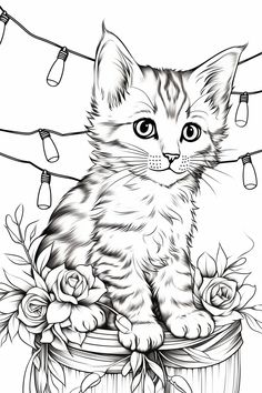 a kitten sitting on top of a basket with flowers and lights around it's neck