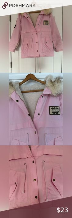 Pink Sherpa-lined Winter Coat with Faux Fur lined hood - Size Small