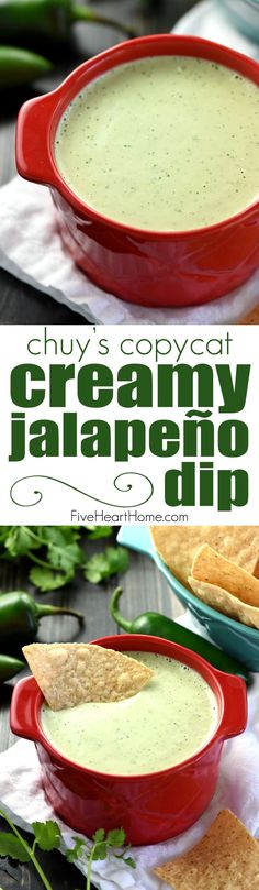 creamy jalapeno dip in a red bowl with tortilla chips on the side