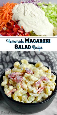 homemade macaroni salad recipe with carrots, celery and mayonnaise