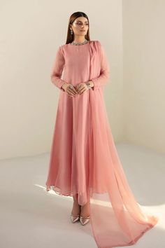 Coral Plain Chiffon Frock Suit at PinkPhulkari California Eid Evening Georgette Anarkali Set, Evening Salwar Kameez With Dupatta In Georgette, Evening Anarkali Set In Georgette, Evening Georgette Salwar Kameez With Dupatta, Elegant Georgette Saree Dress, Elegant Maxi Length Pink Dupatta, Elegant Pink Maxi Length Dupatta, Elegant Organza Salwar Kameez, Maxi Length, Eid Anarkali Style Chiffon Dupatta