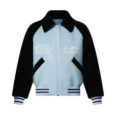 LOUIS VUITTON® - Shearling Wool Varsity Blouson - Light Blue Racer Jackets, Cotton Jackets Women, Shearling Jacket Women, Varsity Jacket Women, Puffer Jacket Men, Biker Jacket Men, Men's Trench Coat, Mens Puffer Jacket, Womens Quilted Jacket