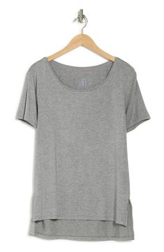 Add something cozy and comfortable to your wardrobe with this signature scoop neck t-shirt. Gray Stretch T-shirt For Loungewear, Basic T-shirt With Shirttail Hem For Layering, Casual Short Sleeve Scoop Neck Top For Everyday, Casual Scoop Neck Short Sleeve Top For Everyday, Casual Relaxed Fit Short Sleeve Top With Scoop Neck, Casual Gray Scoop Neck Top, Casual Scoop Neck Short Sleeve Top With Relaxed Fit, Casual Scoop Neck Short Sleeve Top, Basic Relaxed Fit Short Sleeve Top With Scoop Neck