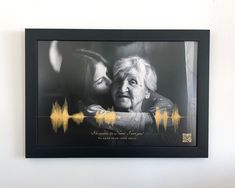 a black and white photo of two women with sound waves on the wall behind them