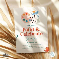 an advertisement for paint and celebrate is displayed in front of palm fronds with the words join us to paint and celebrate