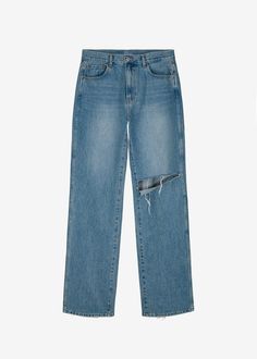 Color: Worn Wash Non-stretch denim Relaxed straight leg High rise Single rip at the knee 5-pocket styling Zip fly 100% Cotton Machine Wash Imported Product Measurements: 26" Waist, 42" Hip, 11.5" Rise, 31" Inseam 27" Waist, 44" Hip, 11.75" Rise, 31.25" Inseam 28" Waist, 46" Hip, 12" Rise, 31.5" Inseam 29" Waist, 48" Hip, 12.5" Rise, 31.75" Inseam Model is 175cm/ 5'9" wearing size 26 High Rise Relaxed Fit Jeans With Zipper Closure, High Rise Relaxed Fit Jeans With Zipper, Distressed Straight Denim Blue Jeans, Straight Distressed Denim Blue Jeans, Distressed Straight Denim Jeans, Urban High Rise Jeans With Frayed Hem, Straight Distressed Denim Jeans, Medium Wash Ripped Straight Leg Jeans, Ripped Denim Straight Leg Bottoms