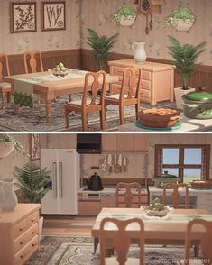 two pictures of a kitchen and dining room in different stages of being decorated with plants