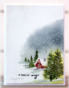 a christmas card with a red barn and evergreen trees in the snow on a snowy day