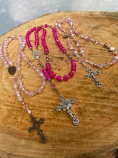 Pink Multi Colored Rosary Different Beads Fun Rosary | Etsy Handmade Pink Rosary With Round Beads, Pink Beaded Spiritual Rosary, Pink Beaded Rosary With Round Beads, Handmade Pink Rosary For First Communion, Pink Beaded Jewelry For First Communion, Pink Beaded Jewelry For Baptism, Handmade Pink Spiritual Rosary, Handmade Pink Rosary With Cross Shape, Handmade Pink Rosary In Cross Shape