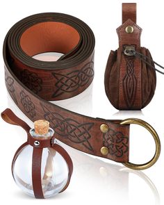 a brown leather belt with celtic designs on it and a small bag next to it