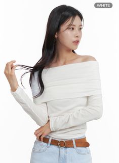 off-shoulder-folded-top-oa419 / White Fall Off-shoulder White Blouse, White Stretch Long Sleeve Off-shoulder Top, White Stretch Off-shoulder Long Sleeve Top, White Cotton One Shoulder Top For Spring, Off-shoulder Blouse For Fall, Feminine Off-shoulder Tops For Fall, Trendy Long Sleeve Off-shoulder Top For Summer, Elegant Long Sleeve Off-shoulder Top For Summer, Elegant Summer Long Sleeve Off-shoulder Top