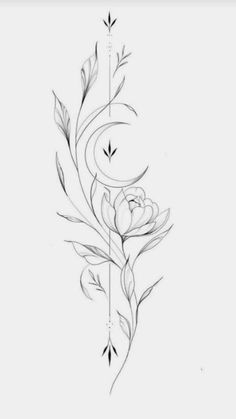 a black and white drawing of a flower with leaves on the side, in front of a