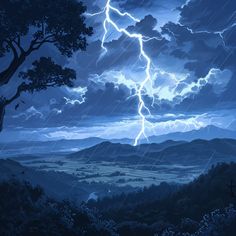 a painting of a lightning bolt in the sky over a mountain range with trees and clouds