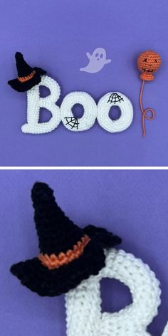 crocheted halloween decorations are shown in two different pictures, one is boo and the other has a pumpkin