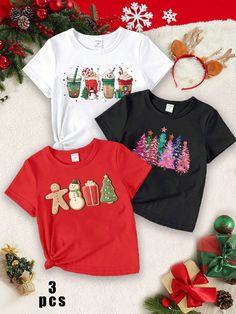 3pcs/Set Christmas Young Girl Casual Cute Colorful Christmas Tree, Gingerbread Man, Cup & Ice Cream Print Short Sleeve T-Shirt Set, Perfect For Christmas Party Outfits Multicolor   Short Sleeve Knitted Fabric Christmas,Figure,Geometric,Letter  Slight Stretch  Young Girls Clothing, size features are:Bust: ,Length: ,Sleeve Length: Holiday Party Accessories, Ice Cream Print, Christmas Party Outfits, Colorful Christmas Tree, Kids Hair Accessories, Christmas Girl, Casual Girl, Girls Clothing, Matching Outfits