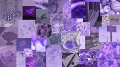 a collage of purple and white images