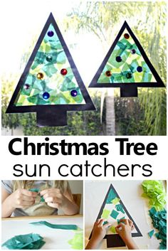 christmas tree sun catchers made out of paper and construction materials with text overlay that reads, christmas tree sun catchers