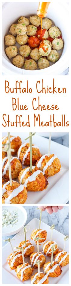 buffalo chicken and blue cheese stuffed meatballs are served on skewers with toothpicks