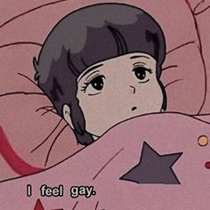 an anime character is sleeping in bed with the caption i feel gay, star