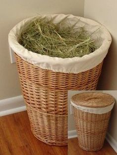 a wicker basket with grass in it next to a trash can on the floor