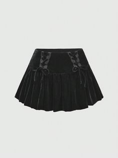 Women's Punk Goth Style Lace Up Velvet Ruffle Mini Skirt, Black Black Casual   Knitted Fabric Plain A Line,Pleated Slight Stretch  Women Clothing, size features are:Bust: ,Length: ,Sleeve Length: Punk Skirt, Goth Skirt, Gothic Skirt, Gothic Skirts, Shapewear Tops, Mini Skirt Black, Ruffle Mini Skirt, Black Pleated Skirt, Goth Style