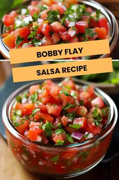 two bowls filled with salsa sitting on top of a wooden table next to each other