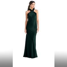 Draped Twist Halter Tie-Back Trumpet Gown The Color In The Photos Doesn’t Really Come Through It’s A Really Rich Dark Green. Perfect For Formal Gatherings And Special Occasions, This Maxi Column Dress Features A Flowing Modified Trumpet Skirt Designed In A Smooth Lux Charmeuse Fabric. Adding An Elegant Touch Is A Draped Twist Halter That Reveals The Shoulders, Reaching Around For A Self-Tie Closure. Above The Revealing Back Keyhole Rests A Large Sash Bow That Drape Loosely At The Back. Elegant Green Halter Neck Maxi Dress, Elegant Green Sleeveless Maxi Dress, Green Maxi Dress With Fitted Bodice For Night Out, Green Sleeveless Cocktail Gown, Sleeveless Green Gown For Night Out, Elegant Sleeveless Green Gown, Green Sleeveless Elegant Gown, Green Halter Neck Evening Dress, Elegant Green Sleeveless Gown