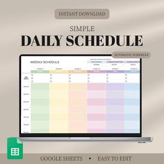 an image of a daily schedule on a laptop with the text, simple daily schedule google sheets easy to edit