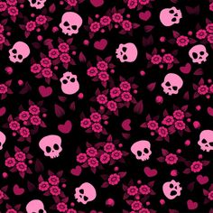 skulls and flowers on black background with pink hearts in the middle, seamless pattern