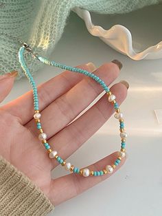 Turquoise Pearl Necklace With Round Beads, Turquoise Beaded Pearl Necklaces With Pearl Chain, Turquoise Pearl Beaded Necklaces With Pearl Chain, Turquoise Pearl Necklace With Colorful Beads, Turquoise Beaded Pearl Necklace, Collarbone Necklace, Necklace Measurements, Flower Earrings Studs, Flower Studs