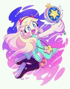 a cartoon character flying through the air with a star in her hand and holding a toy