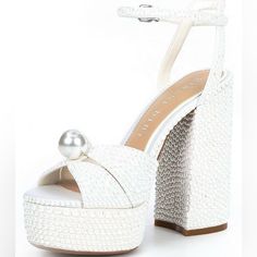 Only Worn Twice For Bridal Events And They Are So Cute- I Just Do Not Have Anything To Wear Them To Anymore! No Flaws!! Great For Bridal Events! Embellished Pearl Fabric Upper Ankle Strap With Buckle Closure Synthetic Lining Memory Foam Sock Rubber Outsole Approx. 1.96" Platform Height Approx. 5.51" Covered Block Heel Height Pearl Fabric, Wedding Shoes Platform, Bridal Events, Pearl Shoes, White High Heels, Bridal Event, Gianni Bini Shoes, Shoe Inspo, Wedding Heels