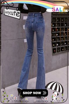 Slim Fit Denim Blue Zippered Button Bell Bottomed Trousers Spring High Waist Blue Stretch Flare Jeans, Retro High Waist Non-stretch Jeans, Stretch Dark Wash Bottoms With Button Closure, Casual Slim Blue Pants, Blue Jeans With Button Closure For Fall, Slim Blue Pants For Spring, Spring Denim Blue Bottoms With Button Closure, Stretch Bottoms With Button Closure In Dark Wash, Trendy Fitted Jeans With Buttons