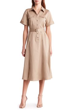 Perfect for work or play, this belted shirtdress is designed with flap pockets and abbreviated cuffed sleeves. 47 1/2" length (size Medium) Button half-placket Spread collar Short sleeves Chest flap patch pockets Removable belt Unlined 100% cotton Hand wash, line dry Imported Cotton Shirt Dress, Built In Wardrobe, Nordstrom Store, Fabric Gifts, Free Fabric, Anniversary Sale, Cuff Sleeves, Hand Wash, Short Sleeves