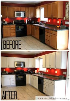 before and after pictures of a kitchen remodel with white cabinets, black appliances, and red walls