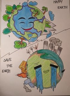 a drawing of an earth with two faces and the words happy earth on it