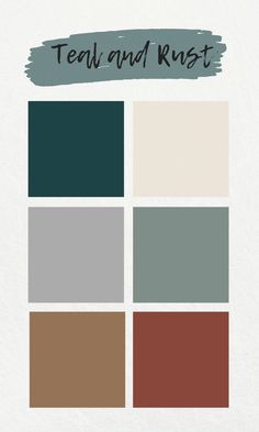 the teal and rust color scheme is shown in shades of green, brown, beige, and grey