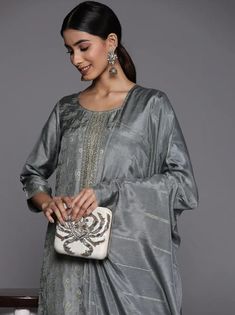 * Women Ethnic Motifs Embroidered Kurta With Trousers & With Dupatta Pakistani Salwar Kameez / Indian Wedding Dress / Plus Size Cotton Dress Traditional Indian Wear / Salwar Kameez Dupatta / Kurti Palazzo Set    * Grey embroidered Kurta with Trousers with dupatta      * Kurta design:-  *  Ethnic motifs embroidered   *  Straight shape   *  Regular style   *  Round neck,  three-quarter regular sleeves   *  Zari detail   *  Calf length length with straight hem   *  Silk blend fabric       * Trouser Anarkali Lehenga For Party During Eid, Wedding Palazzo Set With Dupatta In Jamawar, Wedding Jamawar Palazzo Set With Dupatta, Eid Semi-stitched Palazzo Set With Resham Embroidery, Eid Dress With Mirror Work In Jamawar Fabric, Eid Dress With Mirror Work And Jamawar Material, Eid Dress With Mirror Work And Jamawar Fabric, Eid Jamawar Dresses With Mirror Work, Silver Dresses With Mirror Work For Festive Occasion