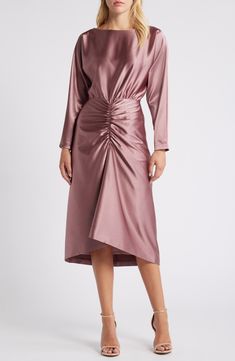 Lustrous satin accentuates the graceful drape of this softly striking cocktail dress rendered in a serene shade. 48" length Hidden back-zip closure Boatneck Long sleeves Lined 95% polyester, 5% spandex Hand wash, dry flat Imported Cocktail Midi Dress, Mauve Dress, Midi Cocktail Dress, Maternity Shops, Cut Out Design, Designer Clothes For Men, Modern Outfits, Comfortable Dress, Tie Neck