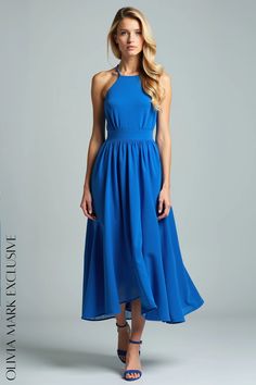 Olivia Mark - Elegant Royal Blue Halter Neck Midi Dress with Asymmetrical Hemline Blue Spring Dress With High-low Hem, Spring Blue Dress With High-low Hem, Blue High-low Hem Dress For Spring, Formal Spring Asymmetrical Dress With High-low Hem, Spring Blue High-low Hem Maxi Dress, Formal High-low Hem Maxi Dress For Summer, Blue High-low Hem Midi Dress For Spring, Summer Formal High-low Hem Maxi Dress, Formal Summer Asymmetrical Dress With High-low Hem