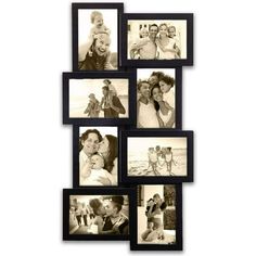 black and white photo collage with multiple pictures on the wall, all in different frames