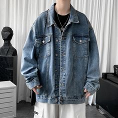 Men's Clothing New Baggy Denim Jacket Solid Color Casual Korean Fashion Harajuku Oversized Blue Streetwear Male Button Coat Casual Korean Fashion, Lapel Top, Streetwear Male, Top Clothes, Hong Kong Style, Baggy Denim, High Street Fashion, Blue Streetwear, Workwear Jacket