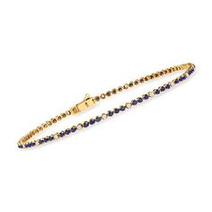 Ross-Simons - 1.00ct t. w. Sapphire, .26ct t. w. Diamond Tennis Bracelet. 7". This luxe tennis bracelet is perfect for those who appreciate simpler personal style and dainty aesthetics. On it, trios of 1.00 ct. t. w. sapphire rounds alternate with snow-white diamonds totaling .26 carats. You'll love the way it looks solo or paired with a few other favorites. Finely crafted in polished 14kt yellow gold. Figure 8 safety. Push-button clasp, diamond and sapphire tennis bracelet. Sapphire birthstones Dainty Aesthetics, Sapphire Tennis Bracelet, Sapphire Birthstone, Diamond Tennis Bracelet, Sapphire Color, Natural Gold, Figure 8, Tennis Bracelet Diamond, September Birthstone