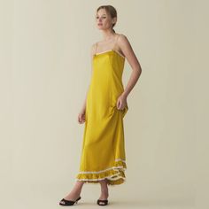 Doen Celano Dress In Palmetto. Never Worn Elegant Yellow Silk Slip Dress, Chic Yellow Evening Slip Dress, Chic Yellow Slip Dress For Evening, Yellow Silk Dress With Ruffles, Summer Evening Slip Dress, Midi Length, Chic Spring Evening Slip Dress, Chic Evening Slip Dress For Spring, Elegant Ruffled Slip Dress For Daywear, Elegant Yellow Slip Dress For Evening