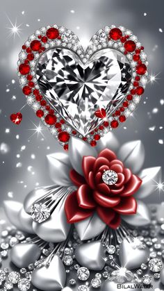 a diamond heart surrounded by red and white jewels with a rose on the side, in front of a gray background